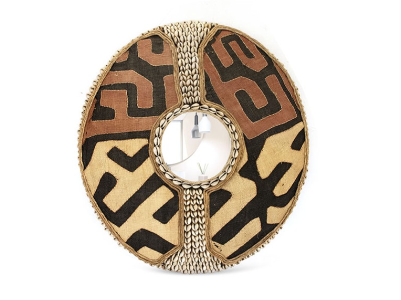 African Shield Mirror Design With Kuba Cloth and Cowrie African Shield Mirror Design With Kuba Cloth and Cowrie